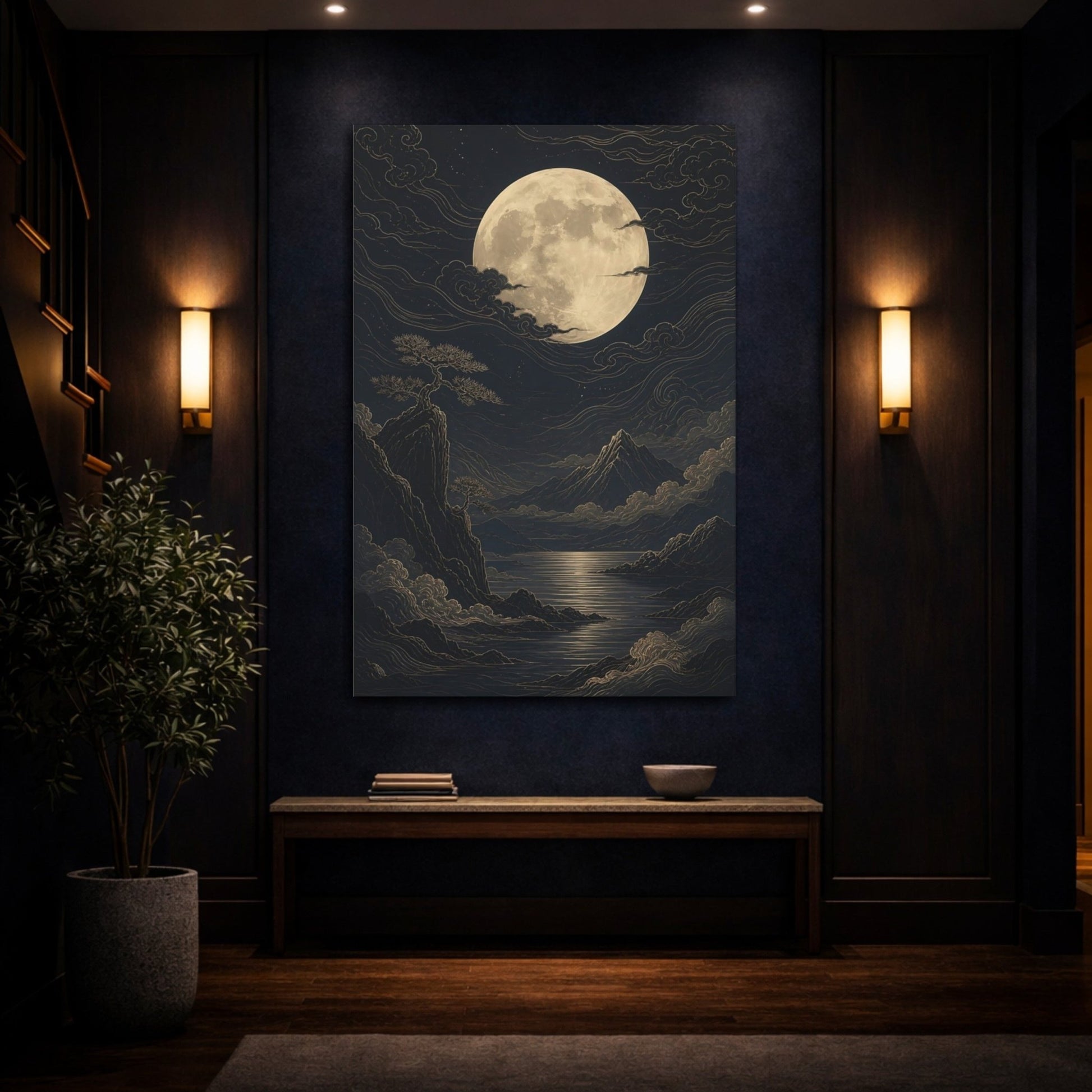 Nature Moon Mountains Dark Blue Gold Canvas Wall Art Print – Traditional Living Room, Large - YesArtYes