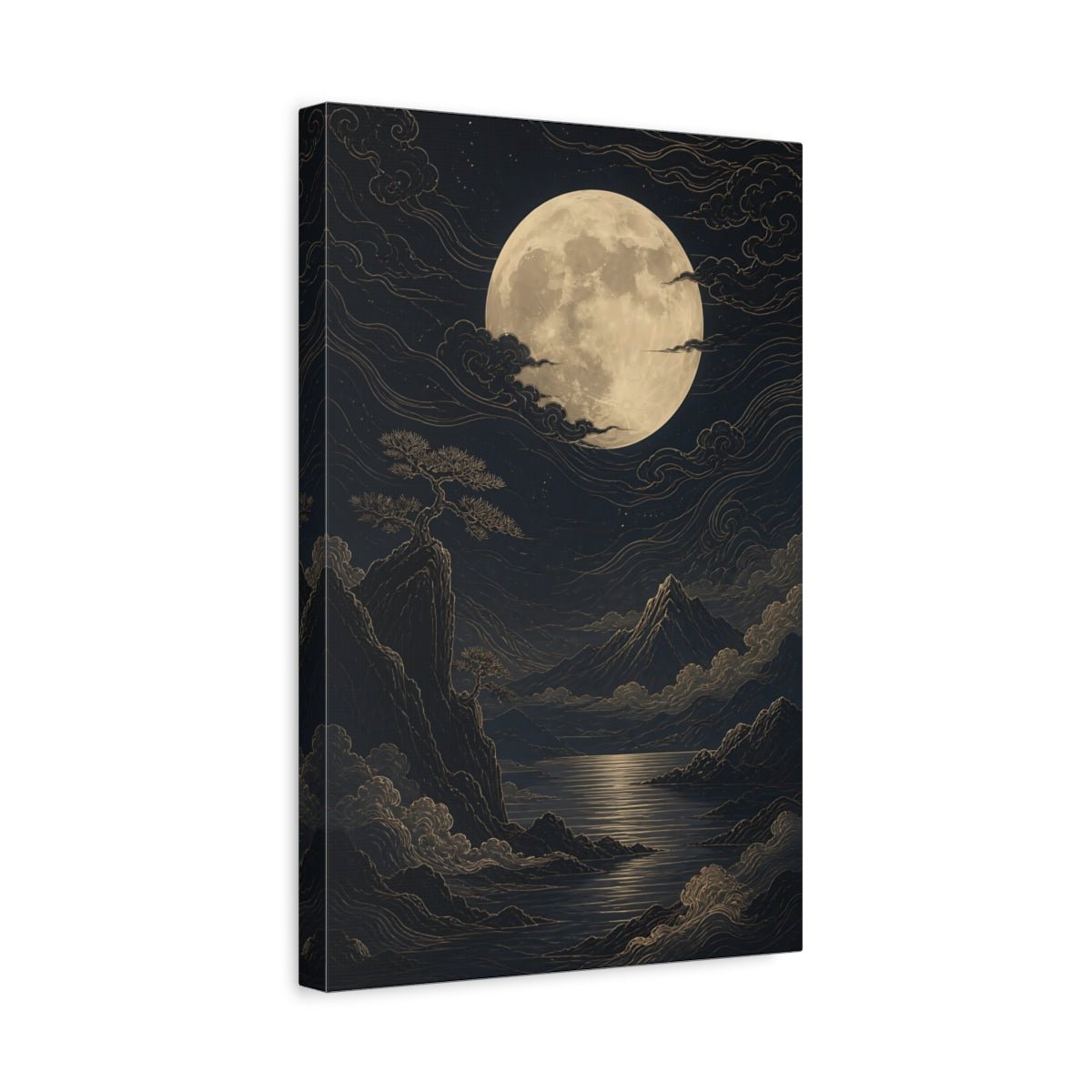 Nature Moon Mountains Dark Blue Gold Canvas Wall Art Print – Traditional Living Room, Large - YesArtYes