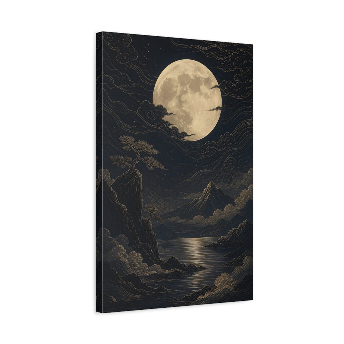 Nature Moon Mountains Dark Blue Gold Canvas Wall Art Print – Traditional Living Room, Large - YesArtYes