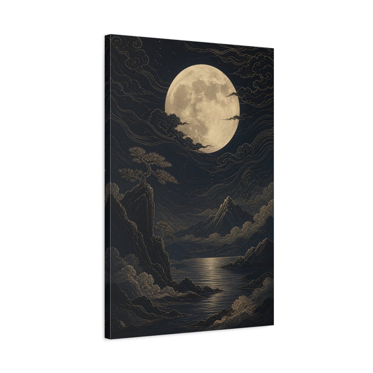 Nature Moon Mountains Dark Blue Gold Canvas Wall Art Print – Traditional Living Room, Large - YesArtYes