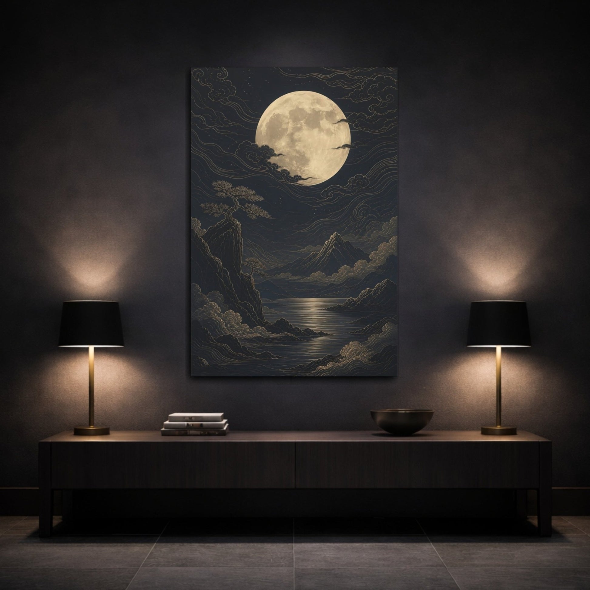 Nature Moon Mountains Dark Blue Gold Canvas Wall Art Print – Traditional Living Room, Large - YesArtYes