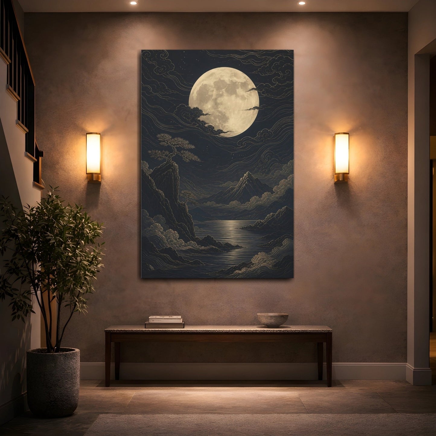 Nature Moon Mountains Dark Blue Gold Canvas Wall Art Print – Traditional Living Room, Large - YesArtYes