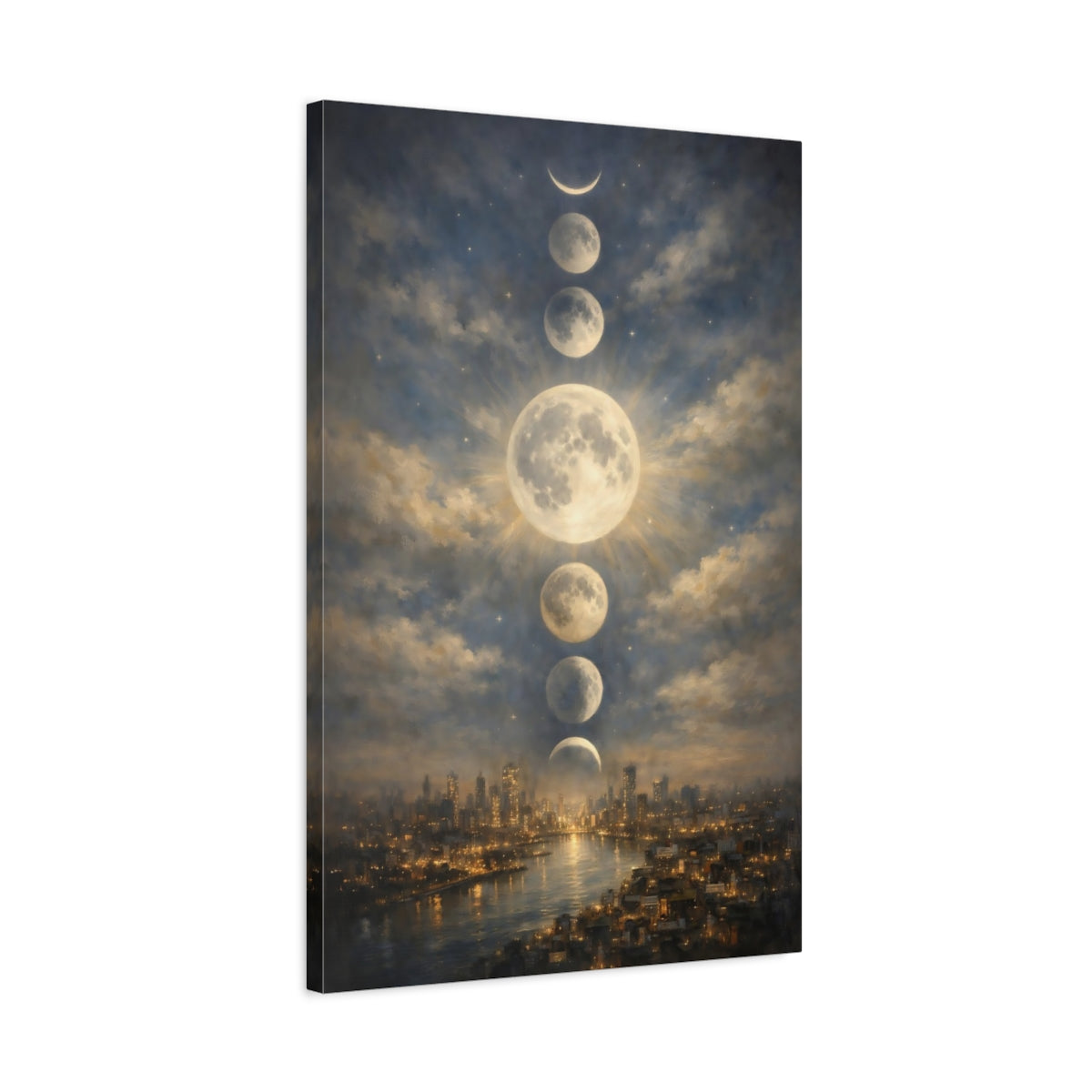 Side Mockup 2. Nature Moon Phases Moon Phases City shown as stretched canvas wall art