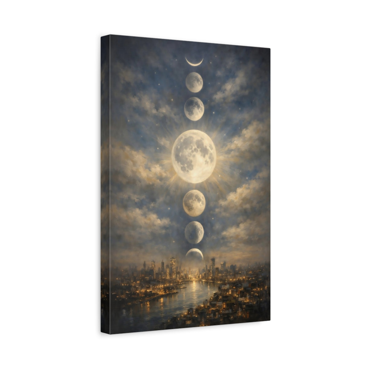 Side Mockup 4. Nature Moon Phases Moon Phases City shown as stretched canvas wall art