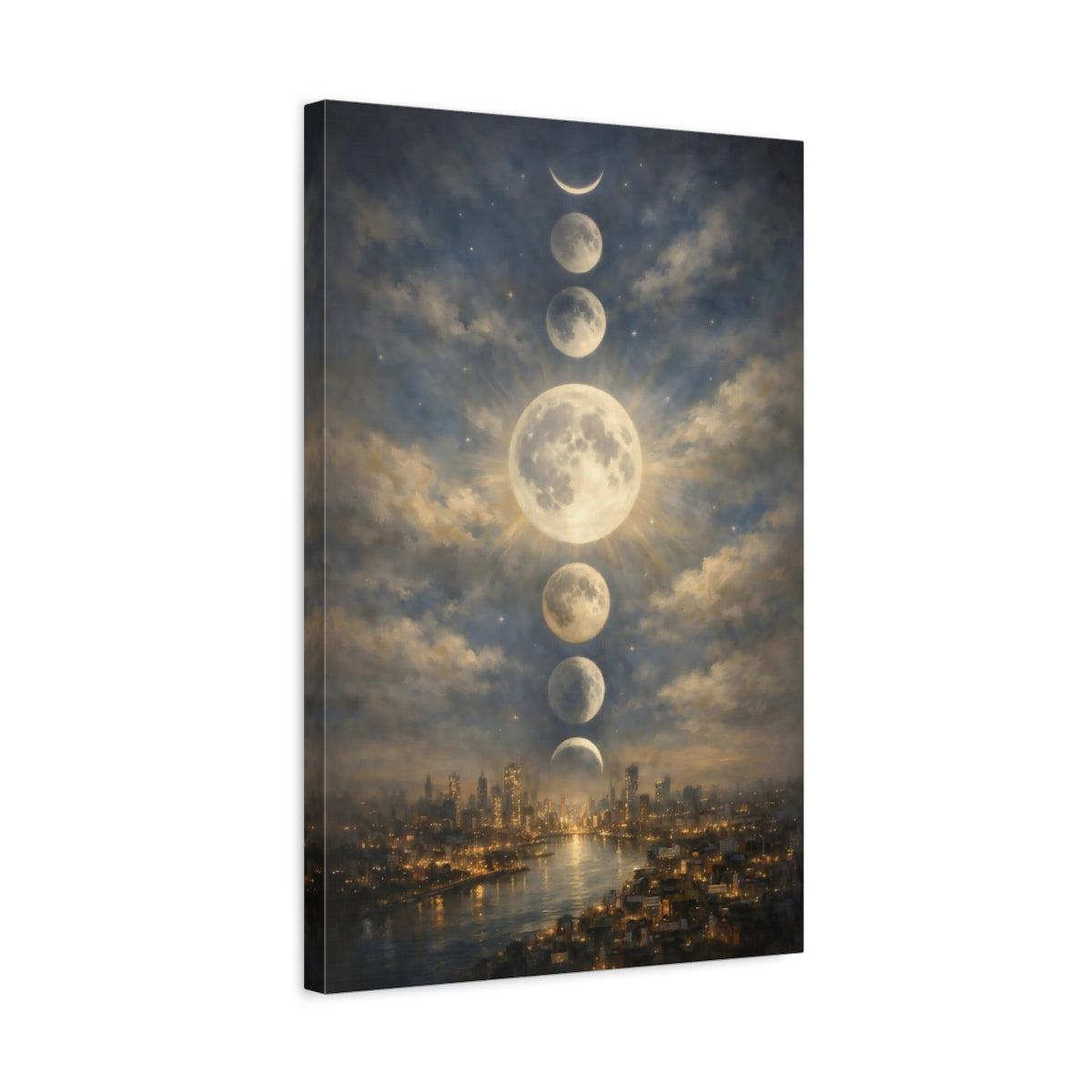 Side Mockup 3. Nature Moon Phases Moon Phases City shown as stretched canvas wall art