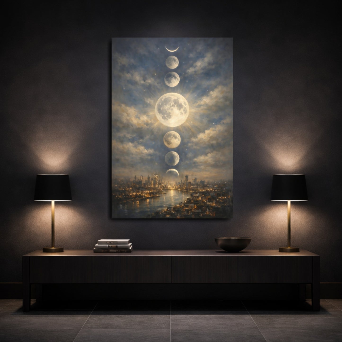 Mockup 2. Nature Moon Phases Moon Phases City shown as stretched canvas wall art