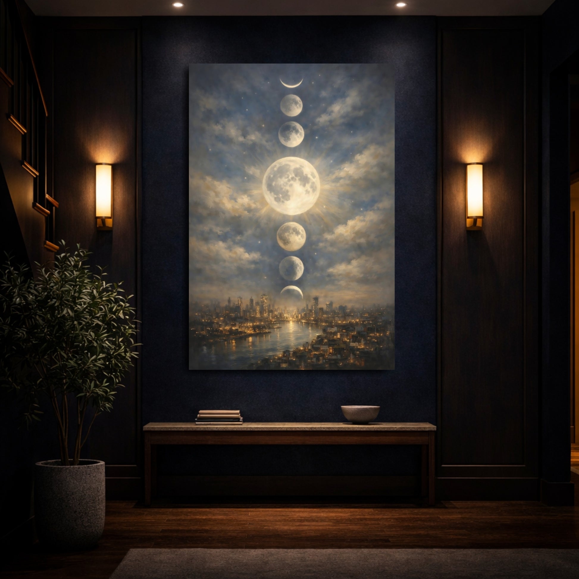 Mockup 3. Nature Moon Phases Moon Phases City shown as stretched canvas wall art