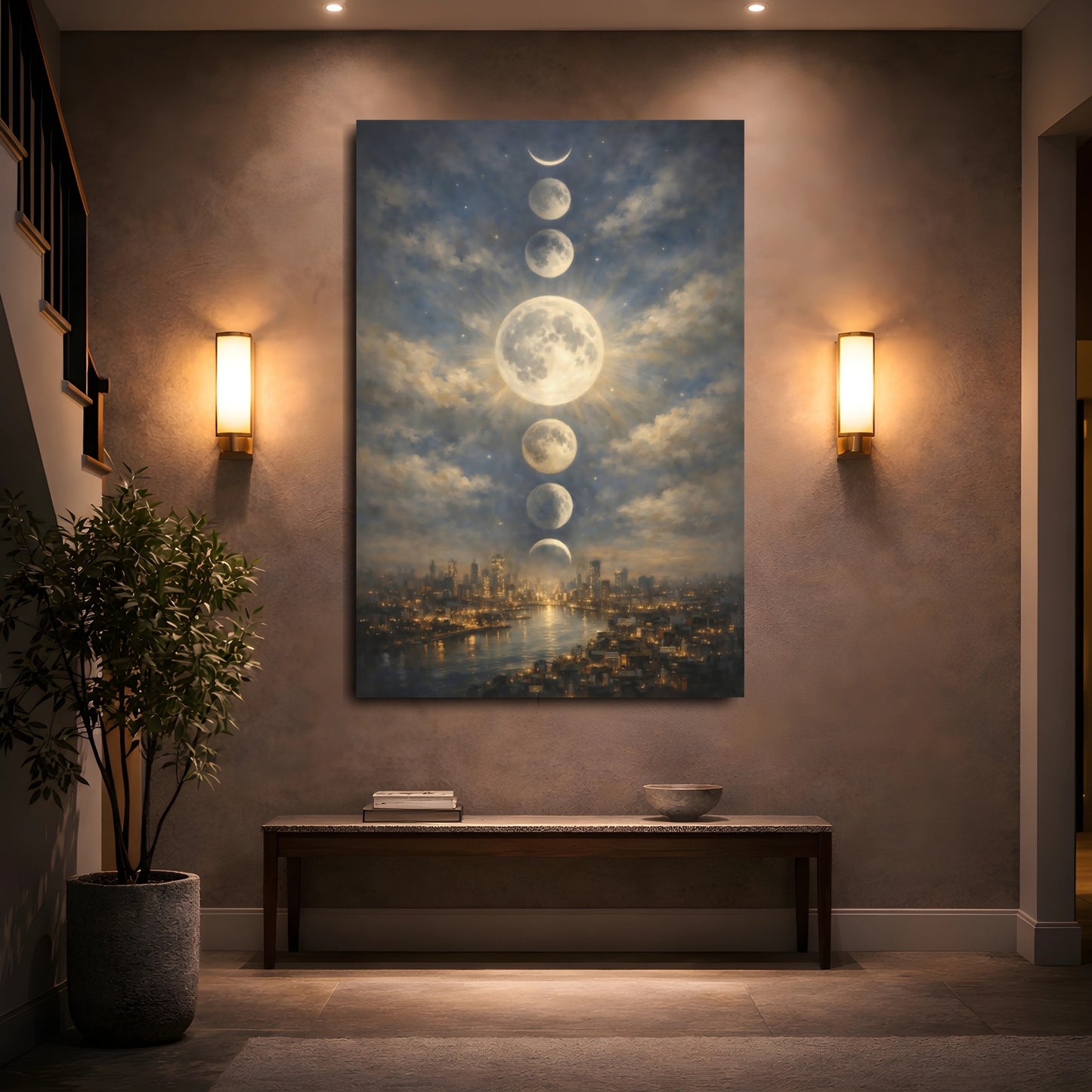 Mockup 4. Nature Moon Phases Moon Phases City shown as stretched canvas wall art