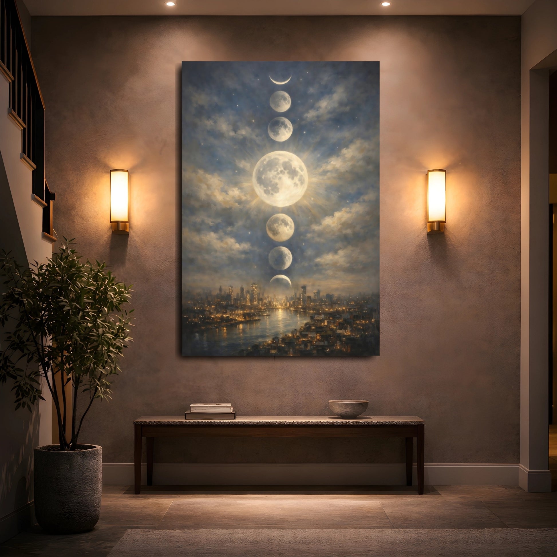 Mockup 4. Nature Moon Phases Moon Phases City shown as stretched canvas wall art