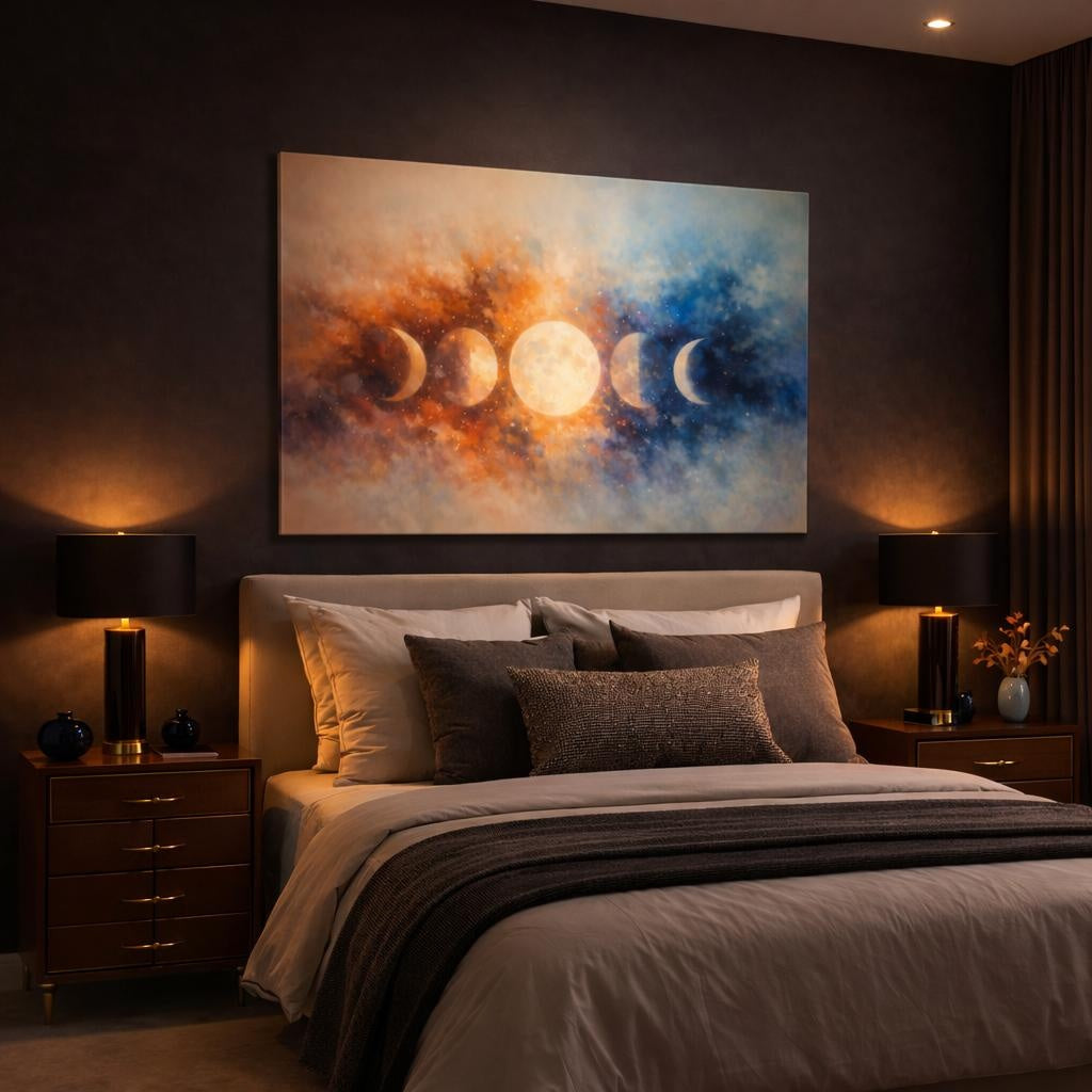 Nature Moon Phases Moon Phases Orange Blue shown as canvas wall art in a luxury bedroom