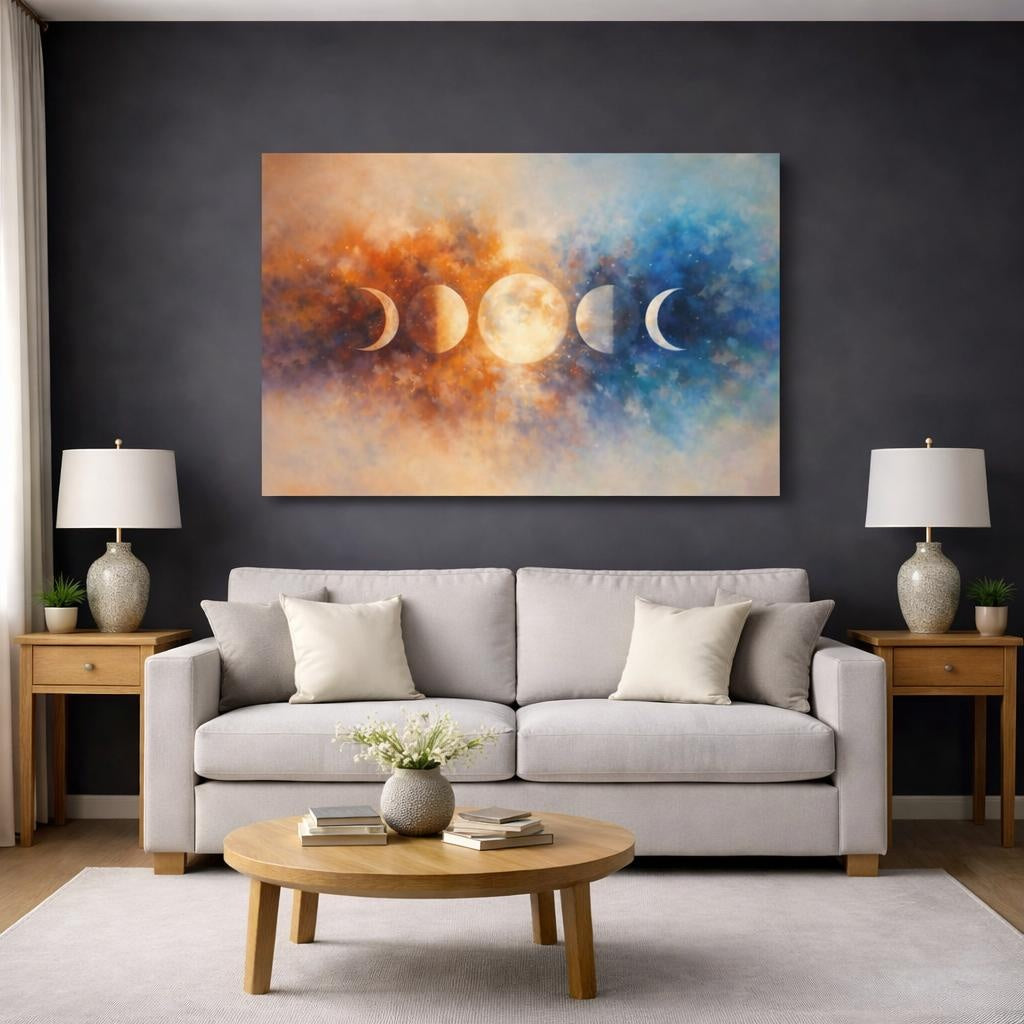 Nature Moon Phases Moon Phases Orange Blue shown as canvas wall art in a modern living room