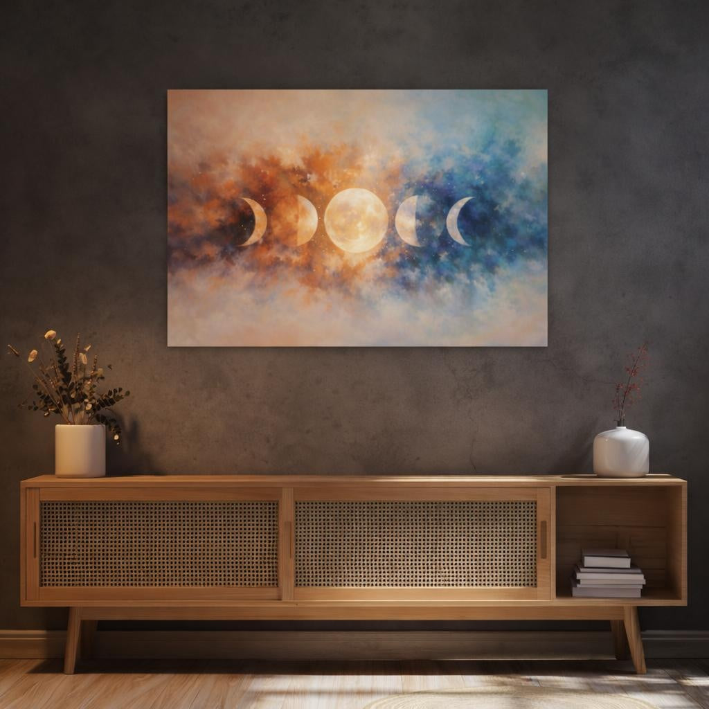 Nature Moon Phases Moon Phases Orange Blue shown as canvas wall art in a sophisticated contemporary living space