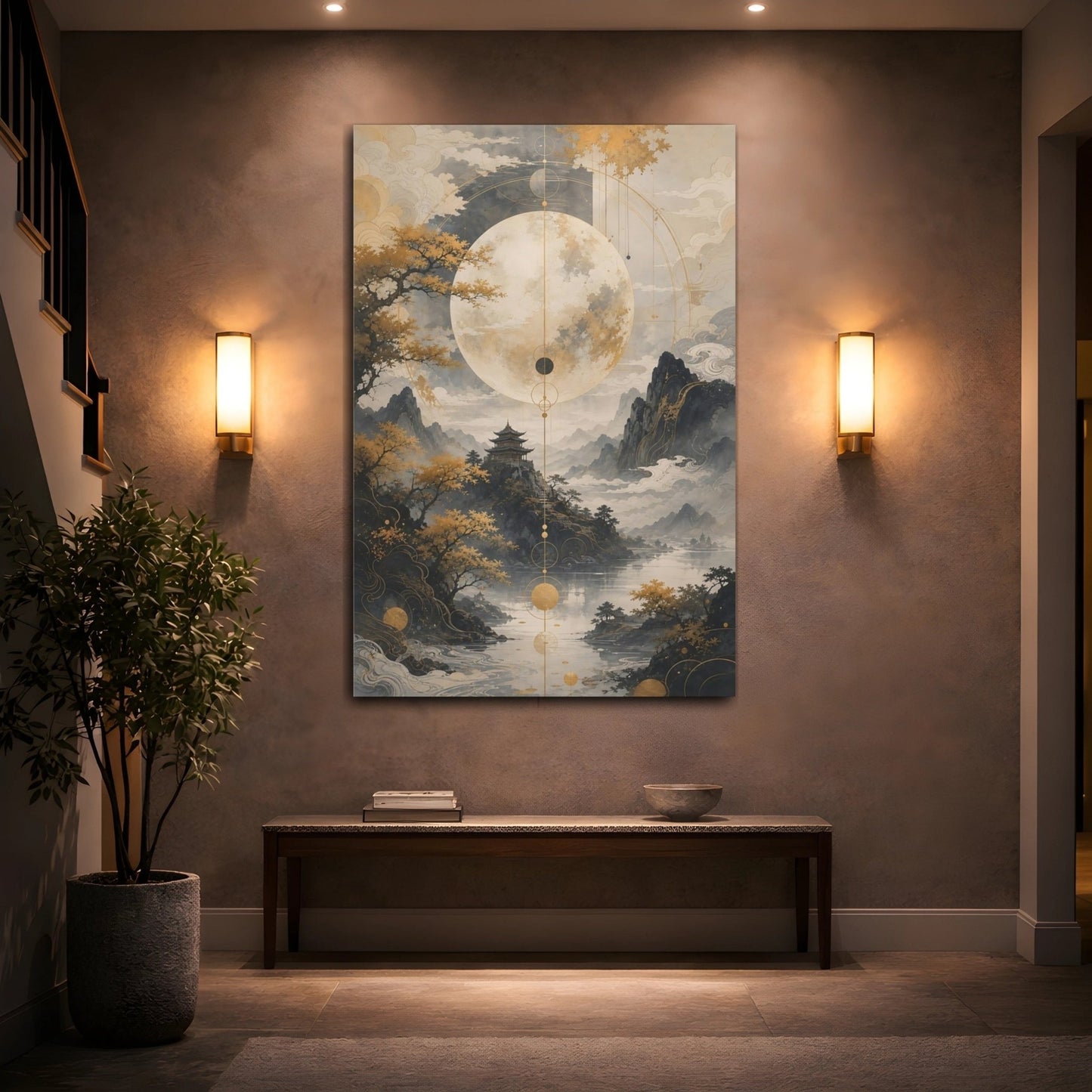 Nature Moon Temple Gold Grey Landscape Canvas Wall Art Print – Living Room Decor, Above Console Table - YesArtYes