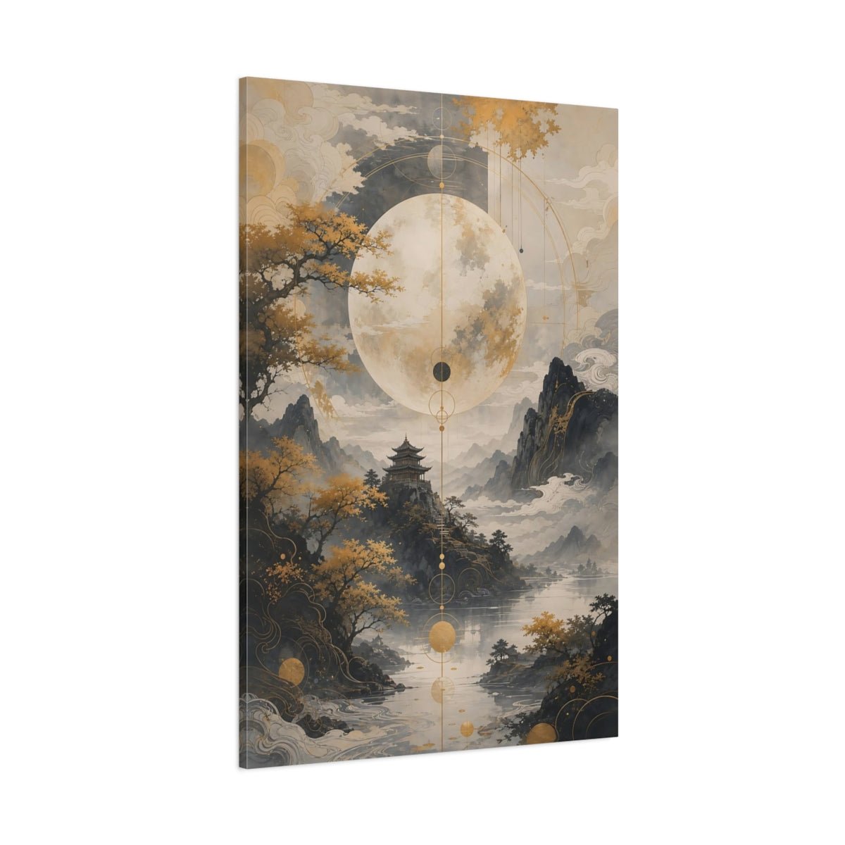 Nature Moon Temple Gold Grey Landscape Canvas Wall Art Print – Living Room Decor, Above Console Table - YesArtYes