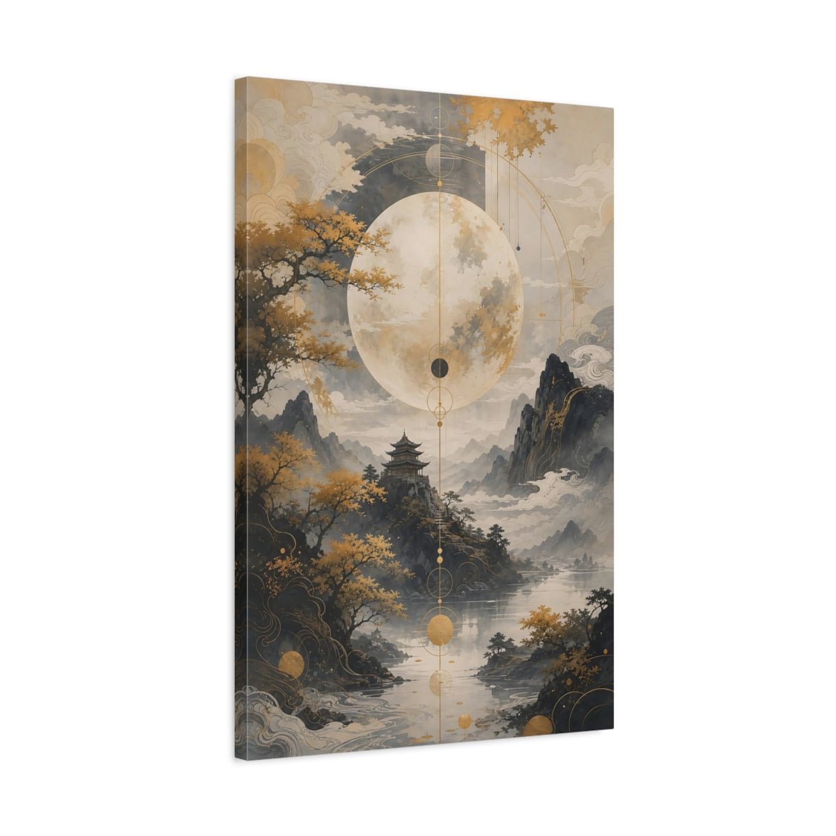 Nature Moon Temple Gold Grey Landscape Canvas Wall Art Print – Living Room Decor, Above Console Table - YesArtYes
