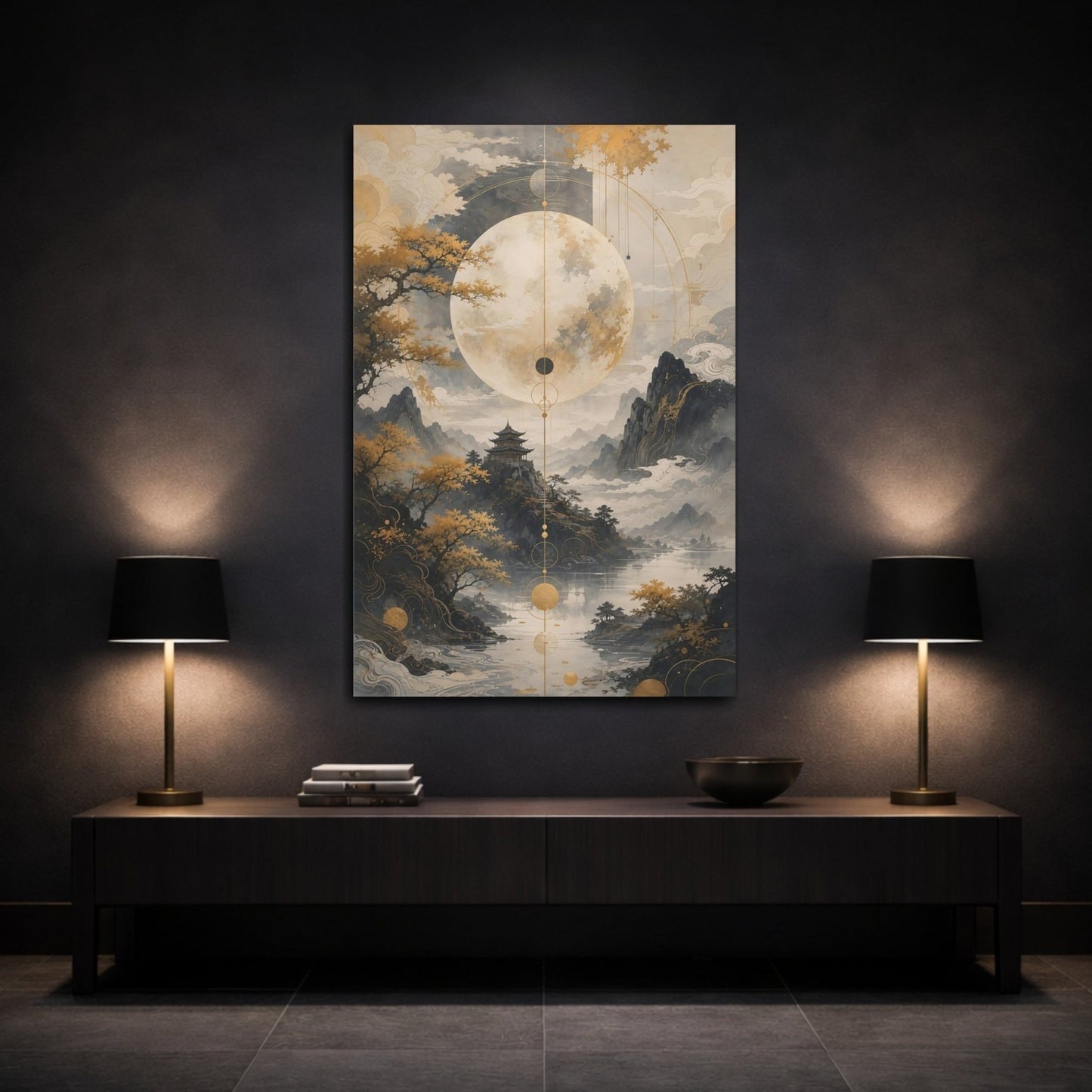 Nature Moon Temple Gold Grey Landscape Canvas Wall Art Print – Living Room Decor, Above Console Table - YesArtYes