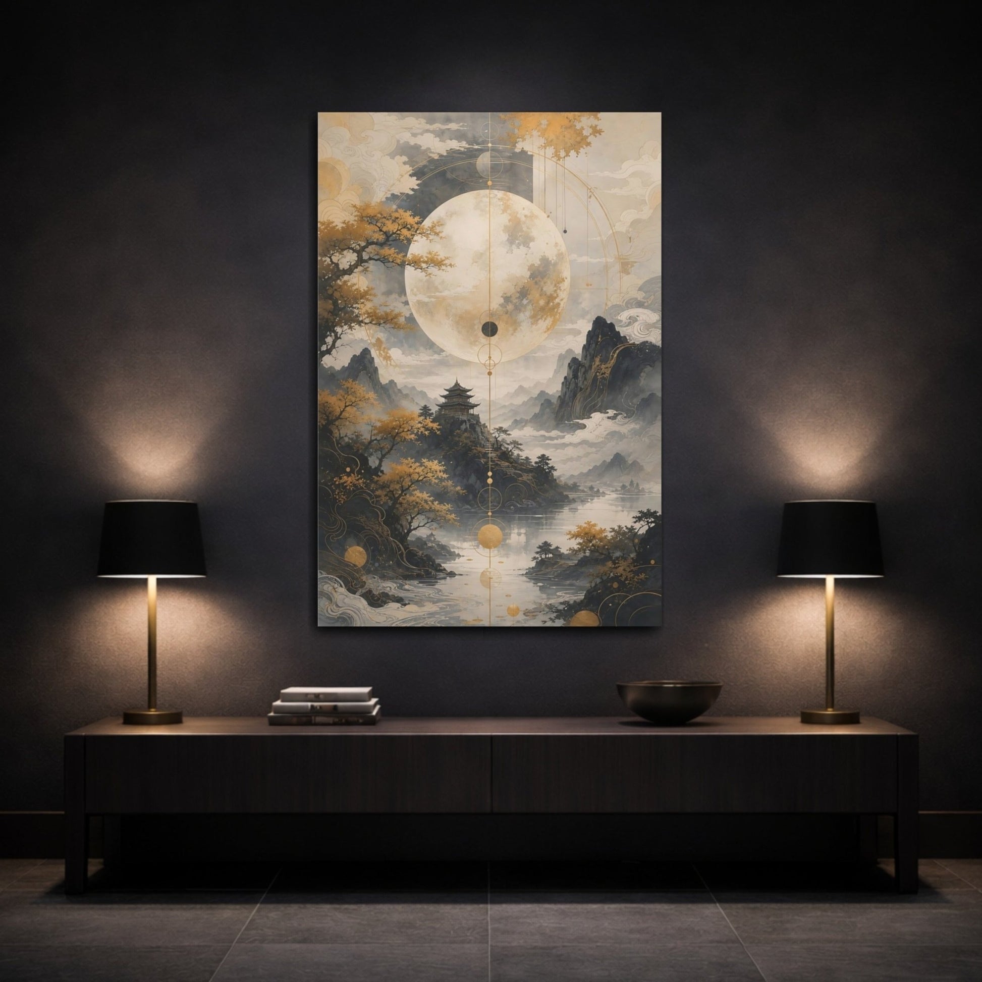 Nature Moon Temple Gold Grey Landscape Canvas Wall Art Print – Living Room Decor, Above Console Table - YesArtYes