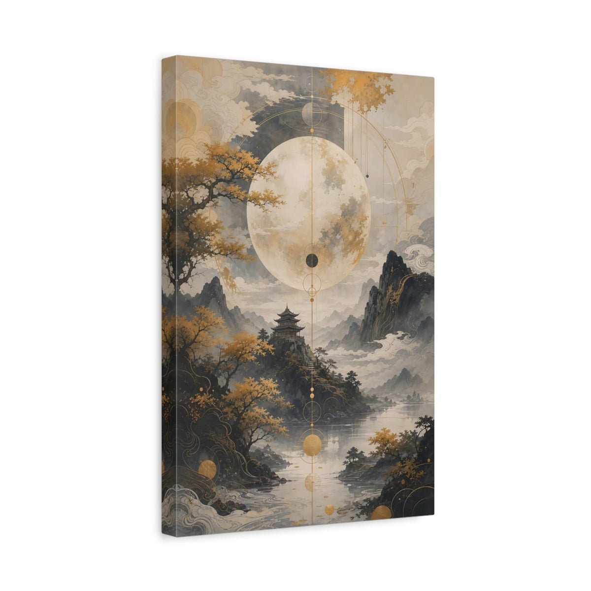 Nature Moon Temple Gold Grey Landscape Canvas Wall Art Print – Living Room Decor, Above Console Table - YesArtYes