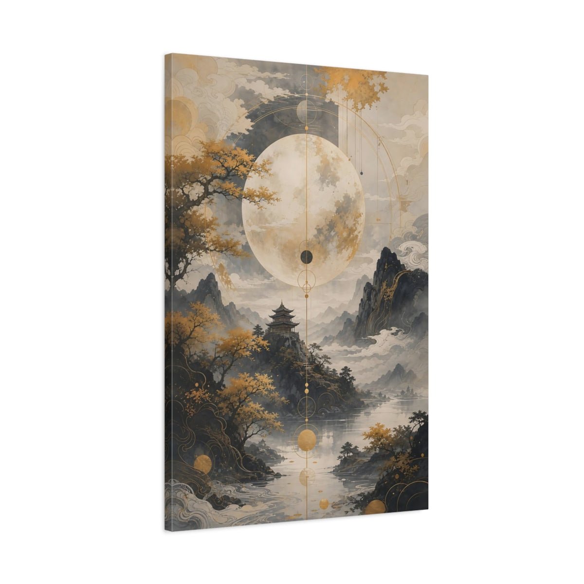 Nature Moon Temple Gold Grey Landscape Canvas Wall Art Print – Living Room Decor, Above Console Table - YesArtYes