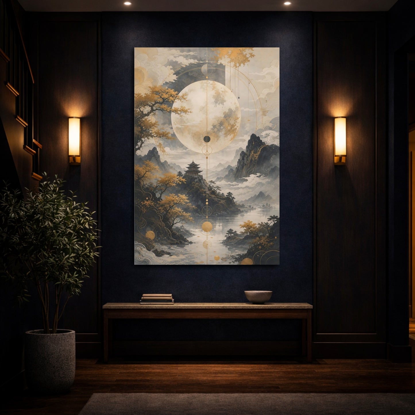 Mockup 4. Nature Moon Temple Gold Grey Landscape shown as stretched canvas wall art