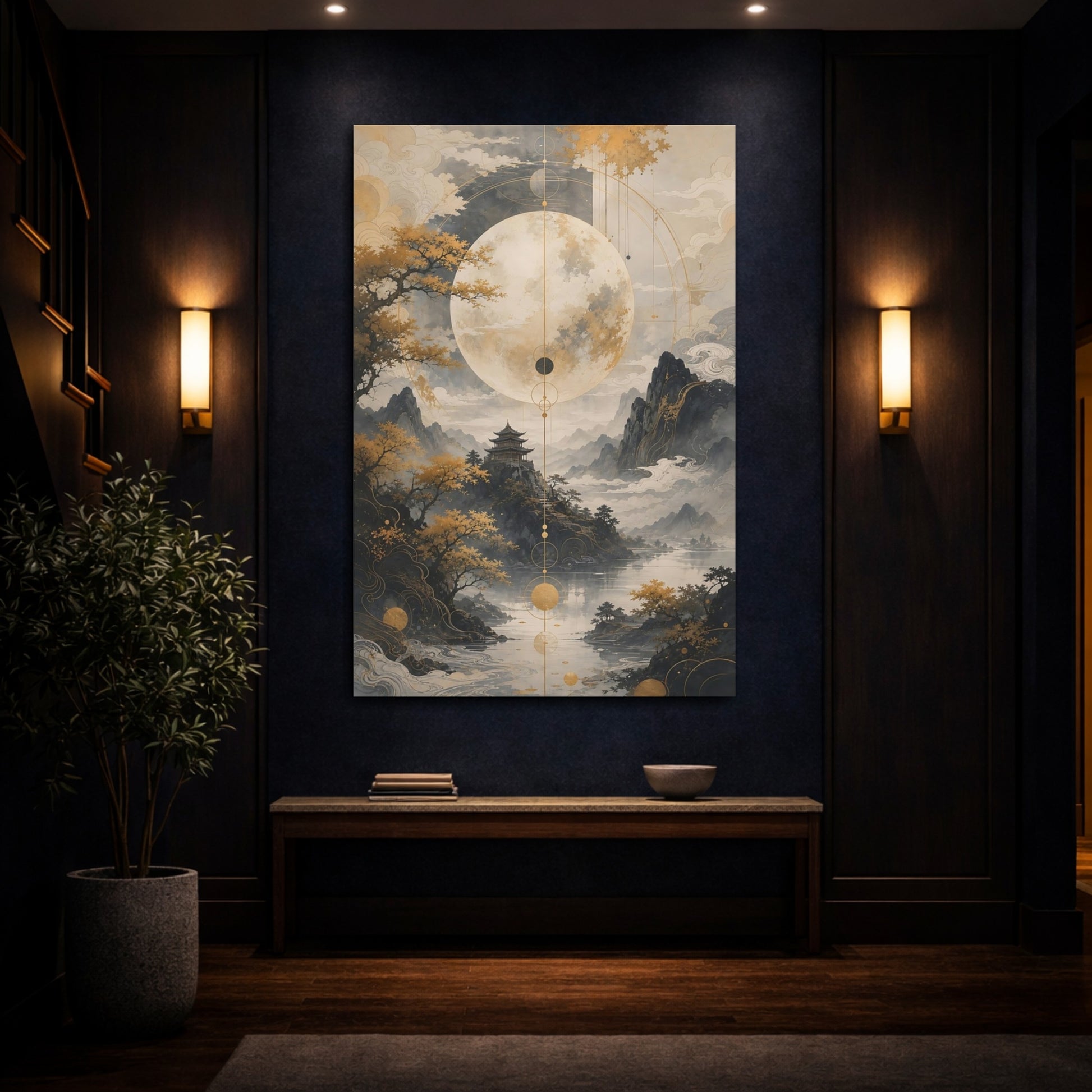 Mockup 4. Nature Moon Temple Gold Grey Landscape shown as stretched canvas wall art