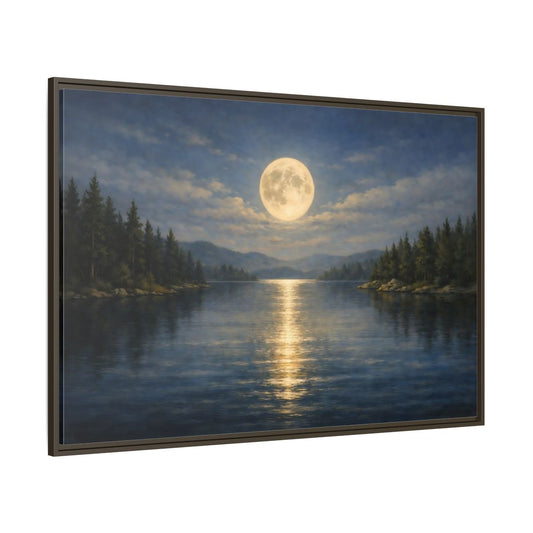 Main Mockup. Nature Moonlit Lake Blue And Gold shown as stretched canvas wall art