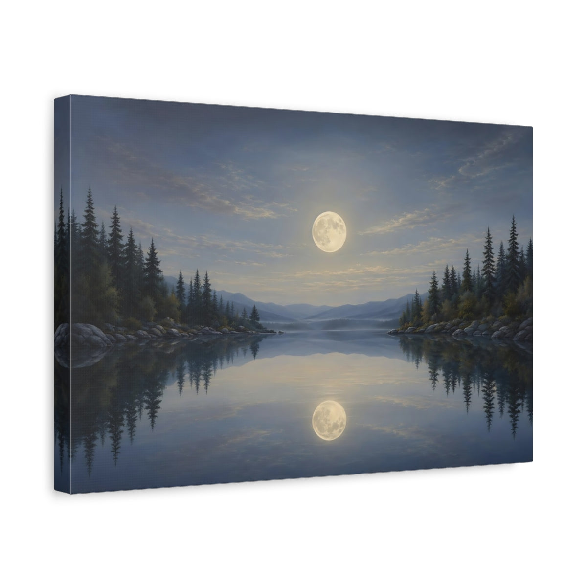 Side Mockup 4. Nature Moonlit Lake Blue And Gold Landscape shown as stretched canvas wall art