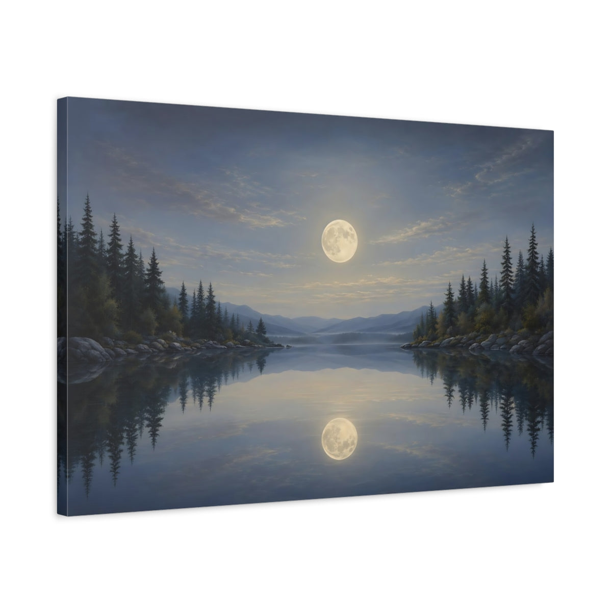 Side Mockup 2. Nature Moonlit Lake Blue And Gold Landscape shown as stretched canvas wall art