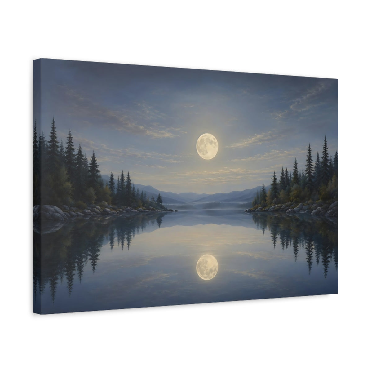 Side Mockup 3. Nature Moonlit Lake Blue And Gold Landscape shown as stretched canvas wall art