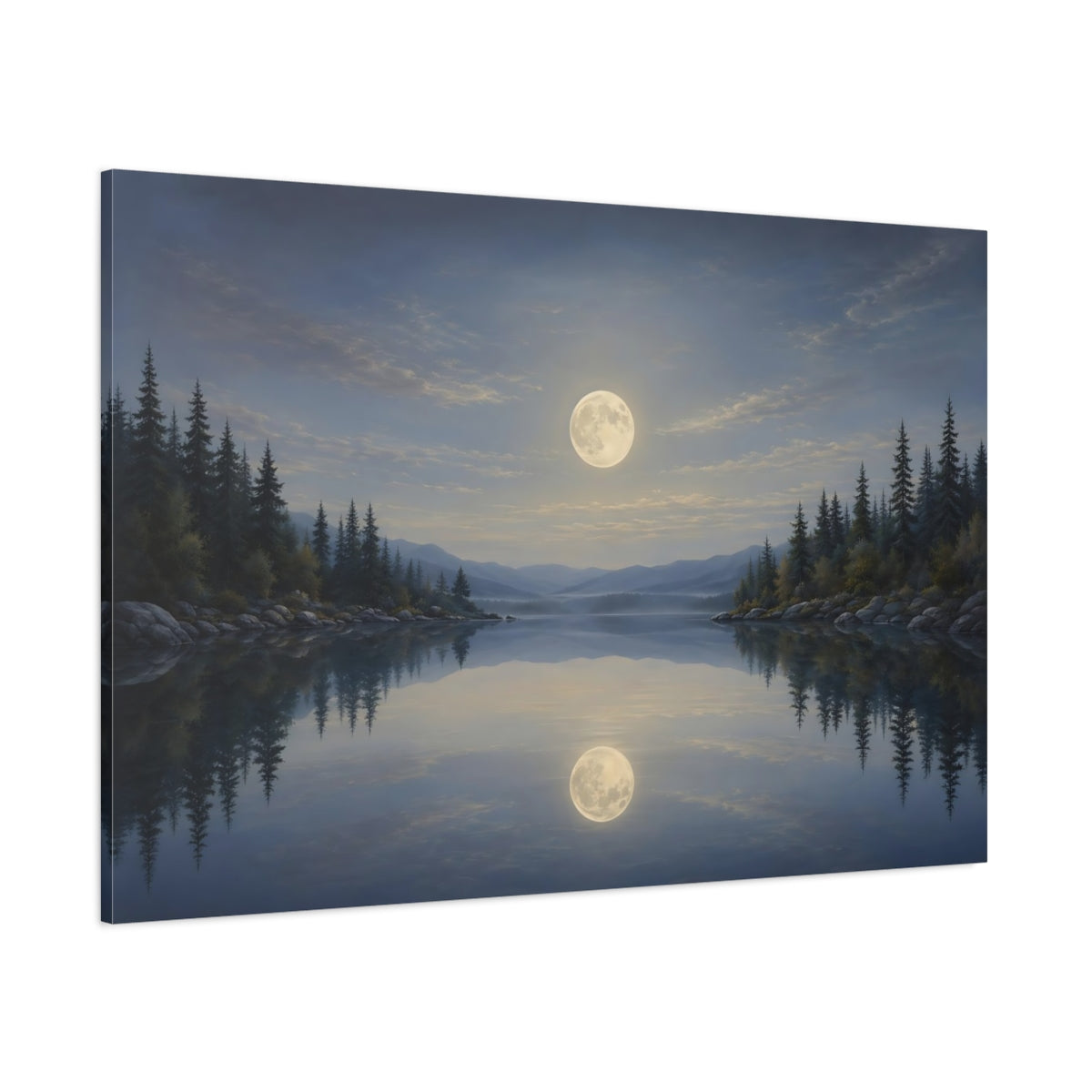 Side Mockup 1. Nature Moonlit Lake Blue And Gold Landscape shown as stretched canvas wall art
