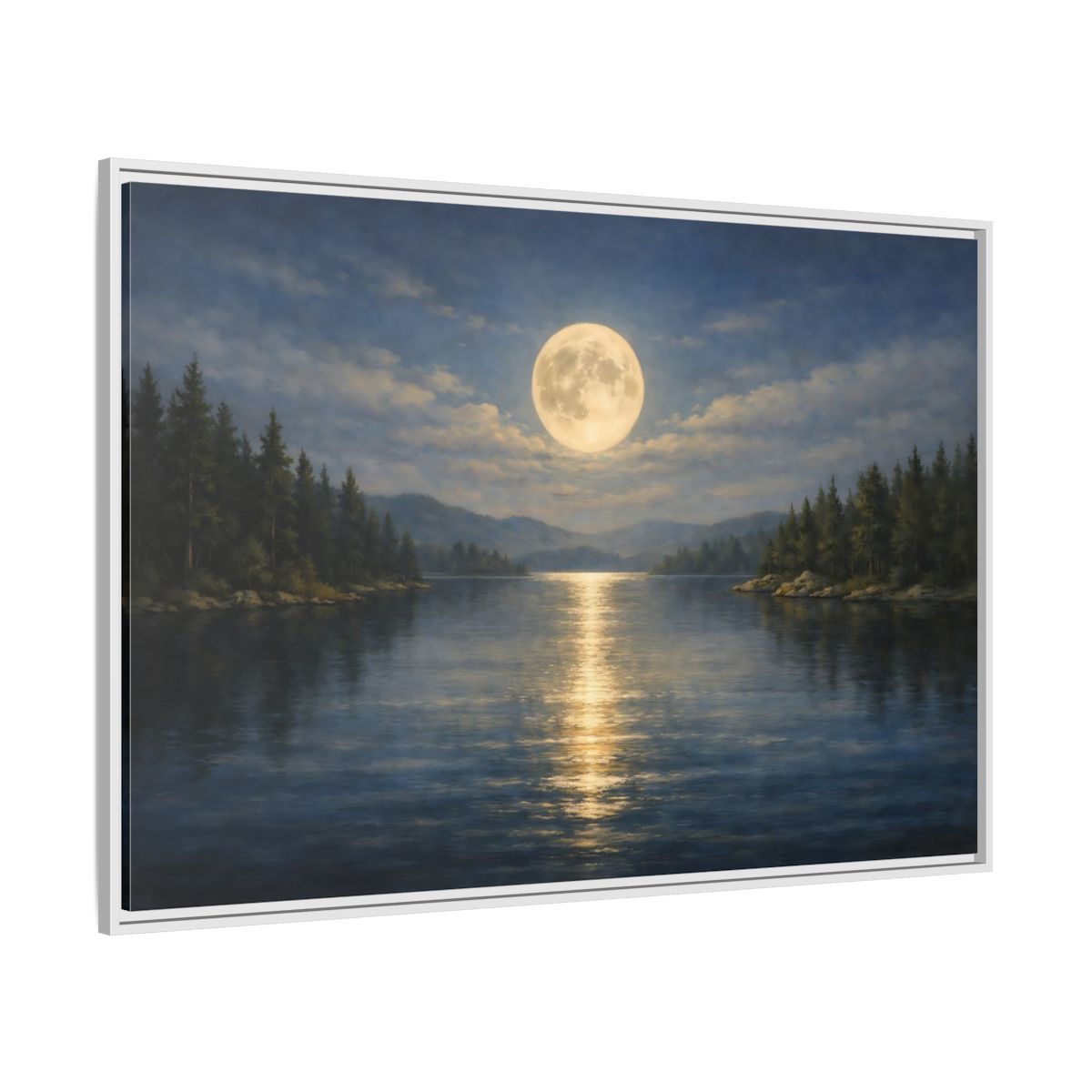 Side Mockup 7. Nature Moonlit Lake Blue And Gold shown as stretched canvas wall art