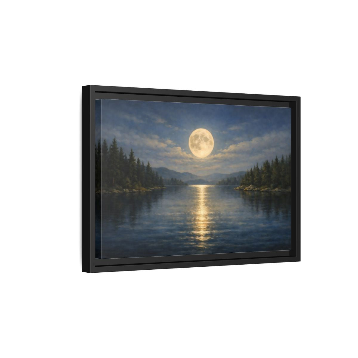 Side Mockup 6. Nature Moonlit Lake Blue And Gold shown as stretched canvas wall art