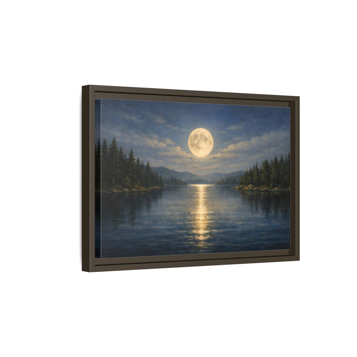 Side Mockup 5. Nature Moonlit Lake Blue And Gold shown as stretched canvas wall art