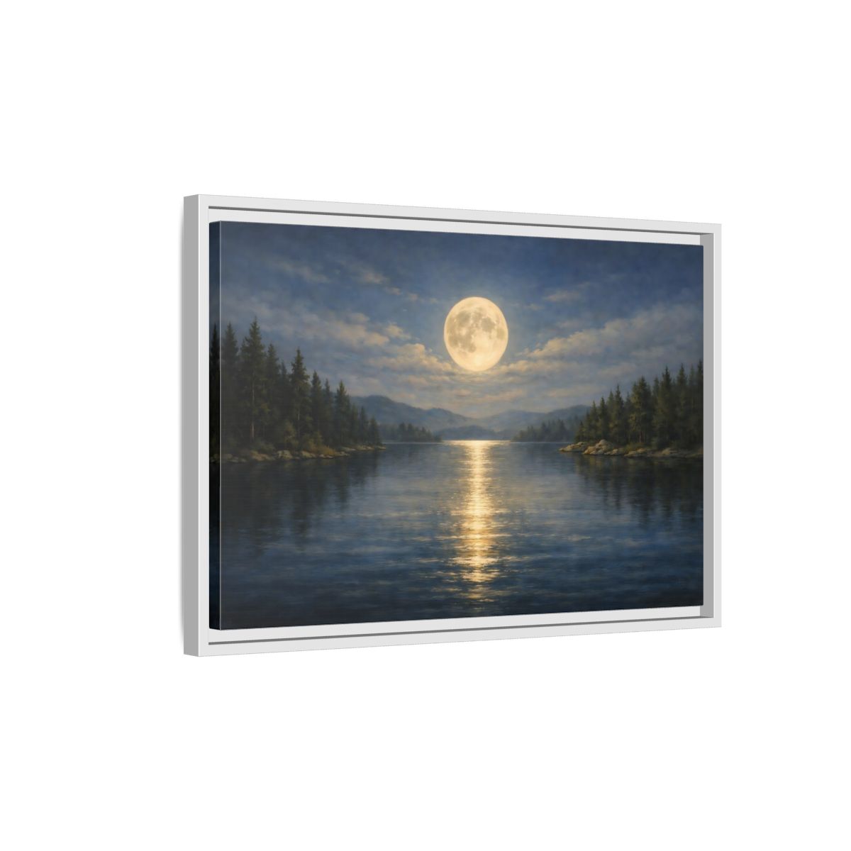 Side Mockup 1. Nature Moonlit Lake Blue And Gold shown as stretched canvas wall art