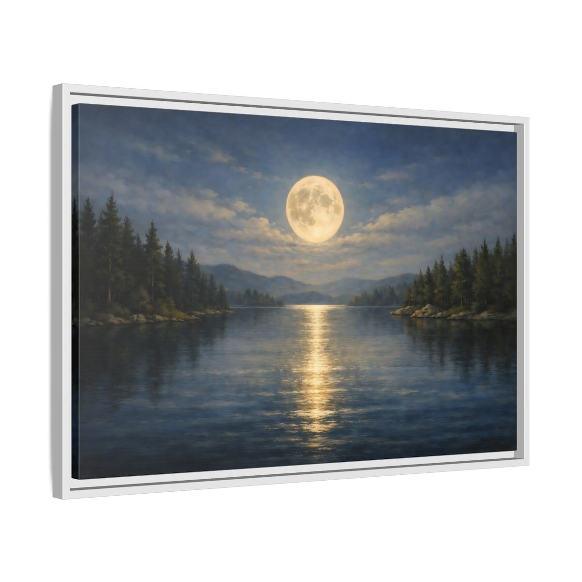Side Mockup 10. Nature Moonlit Lake Blue And Gold shown as stretched canvas wall art