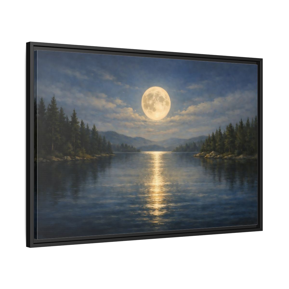 Side Mockup 13. Nature Moonlit Lake Blue And Gold shown as stretched canvas wall art