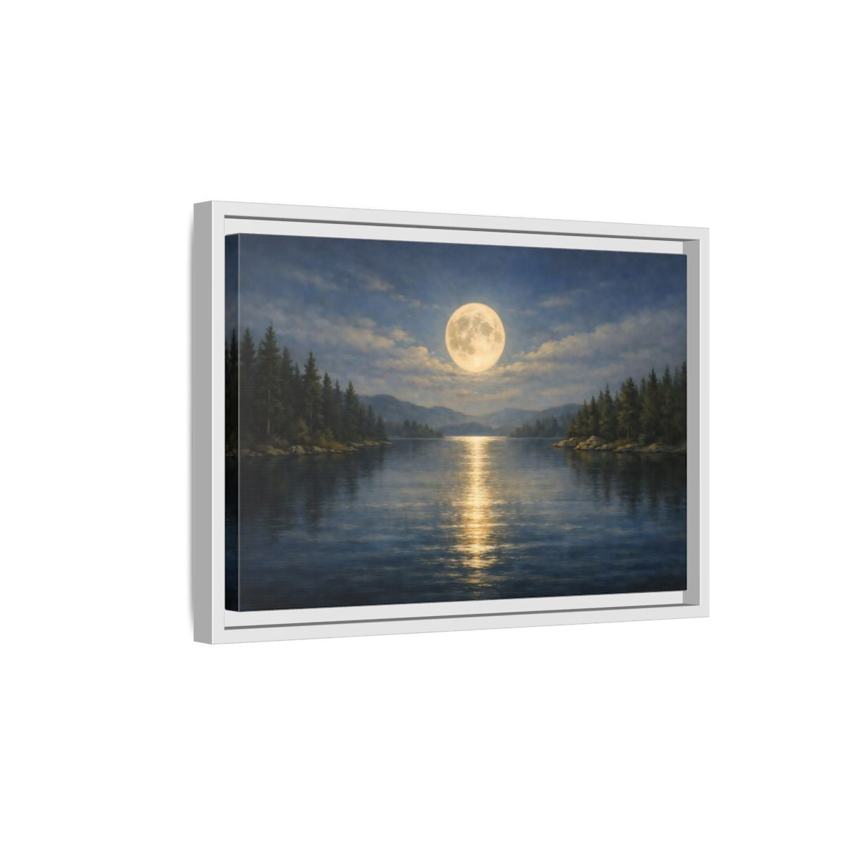 Side Mockup 4. Nature Moonlit Lake Blue And Gold shown as stretched canvas wall art