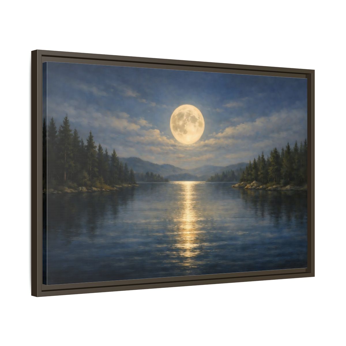 Side Mockup 11. Nature Moonlit Lake Blue And Gold shown as stretched canvas wall art