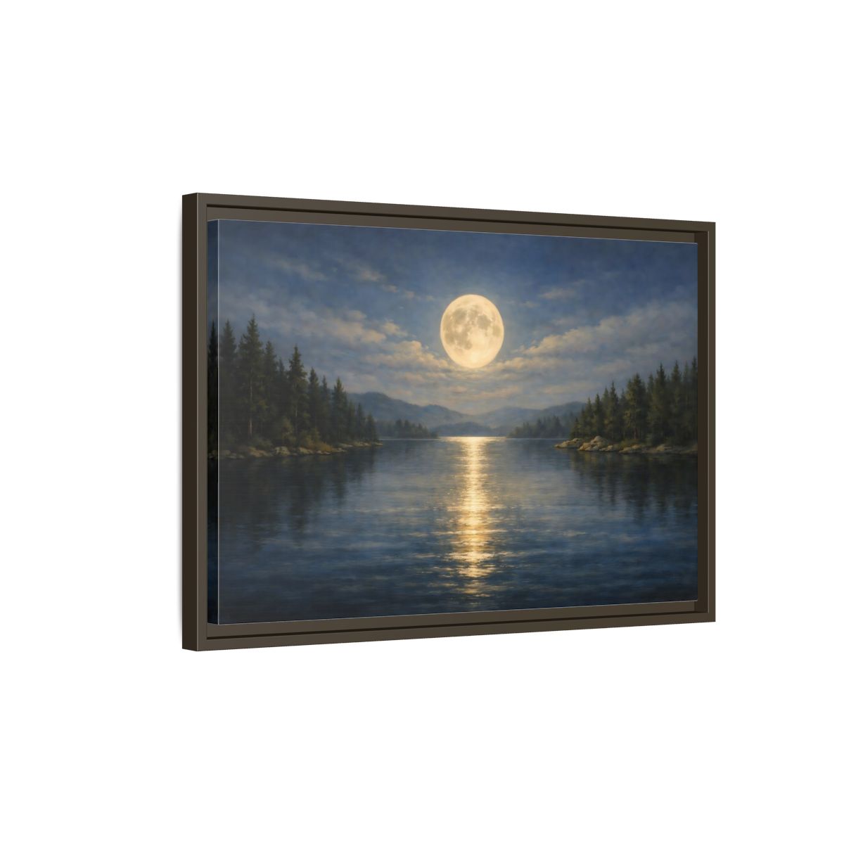 Side Mockup 2. Nature Moonlit Lake Blue And Gold shown as stretched canvas wall art