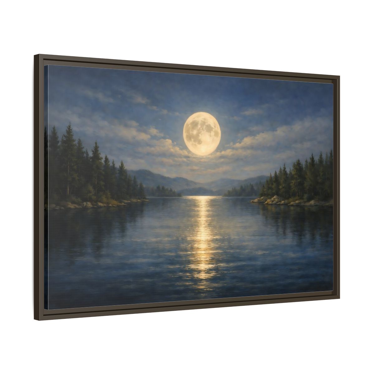 Side Mockup 9. Nature Moonlit Lake Blue And Gold shown as stretched canvas wall art