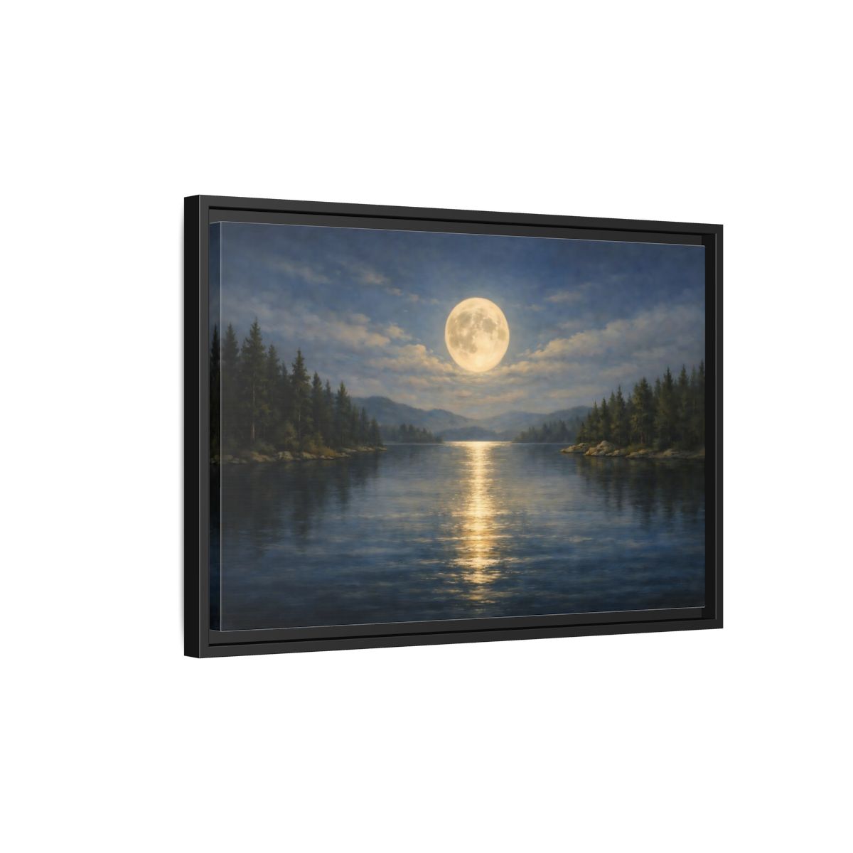 Side Mockup 3. Nature Moonlit Lake Blue And Gold shown as stretched canvas wall art