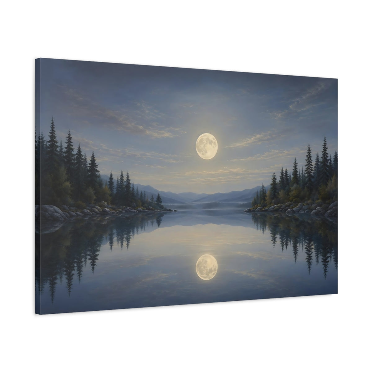 Main Mockup. Nature Moonlit Lake Blue And Gold Landscape shown as stretched canvas wall art