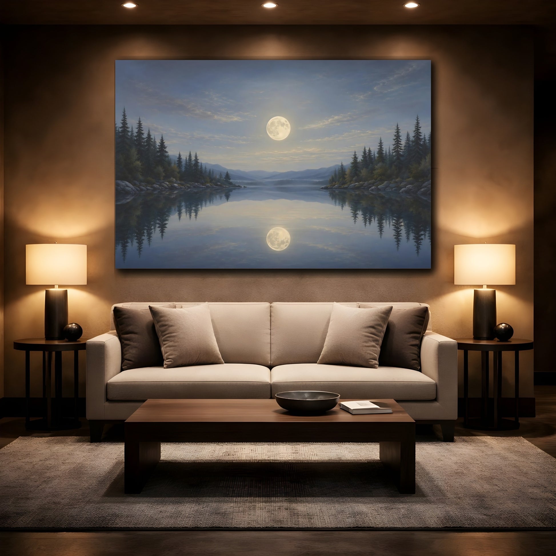 Mockup 2. Nature Moonlit Lake Blue And Gold Landscape shown as stretched canvas wall art