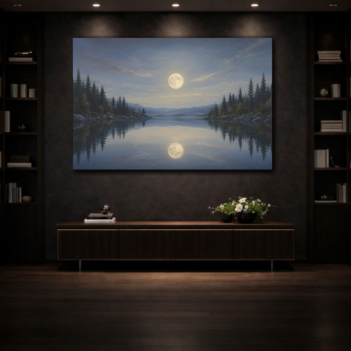 Mockup 3. Nature Moonlit Lake Blue And Gold Landscape shown as stretched canvas wall art