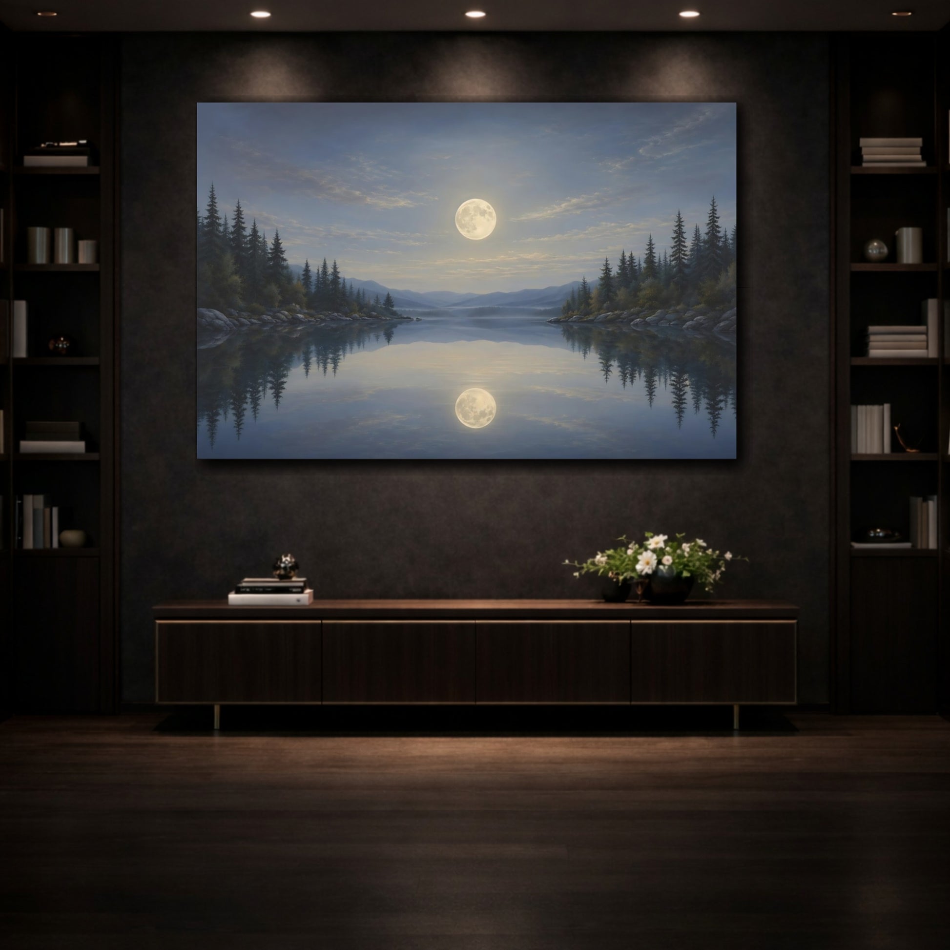 Mockup 3. Nature Moonlit Lake Blue And Gold Landscape shown as stretched canvas wall art