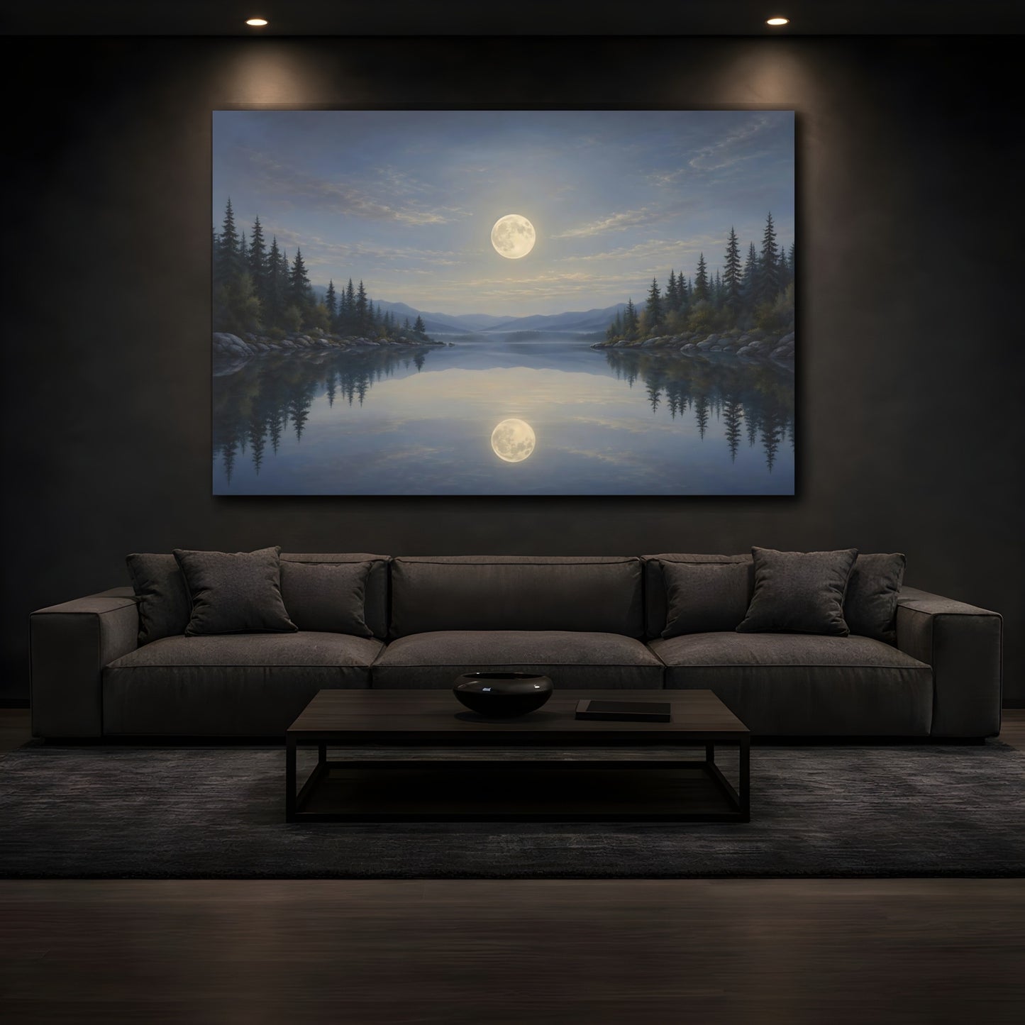 Mockup 4. Nature Moonlit Lake Blue And Gold Landscape shown as stretched canvas wall art