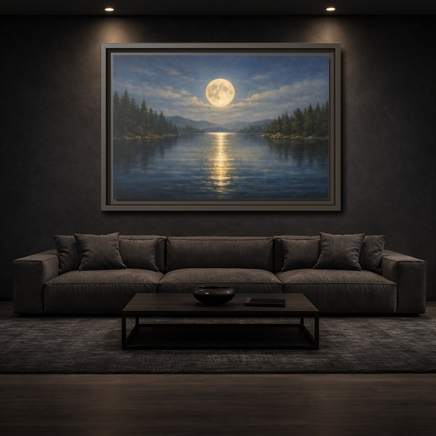 Mockup 2. Nature Moonlit Lake Blue And Gold shown as stretched canvas wall art