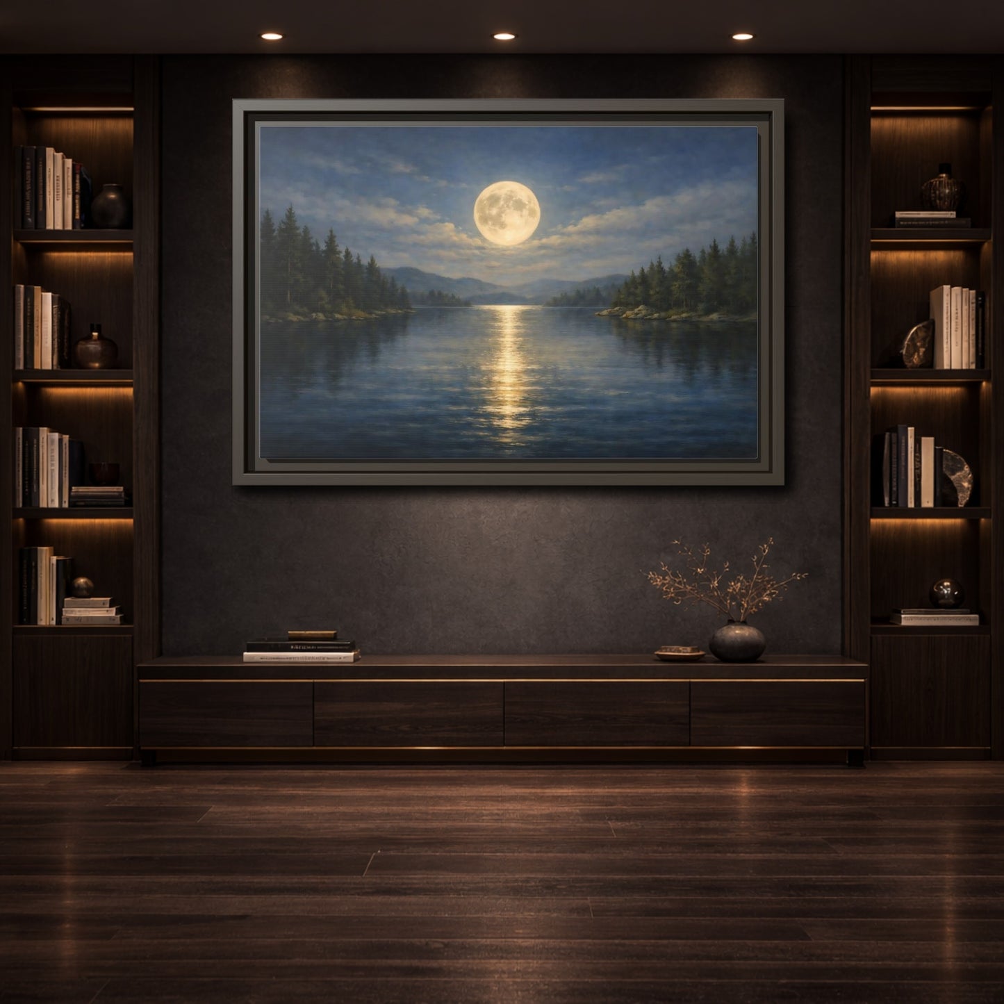 Mockup 3. Nature Moonlit Lake Blue And Gold shown as stretched canvas wall art