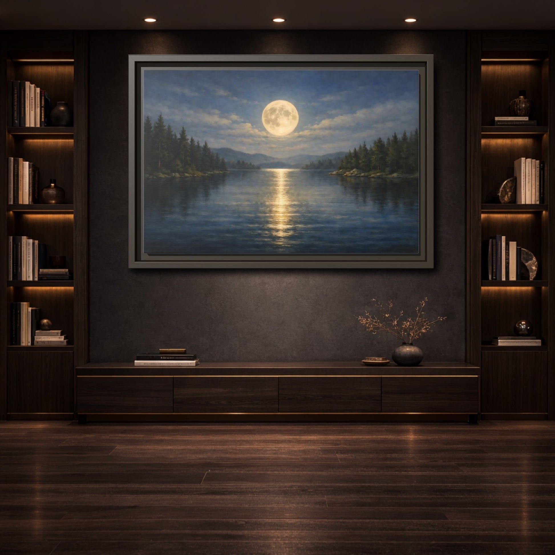 Mockup 3. Nature Moonlit Lake Blue And Gold shown as stretched canvas wall art