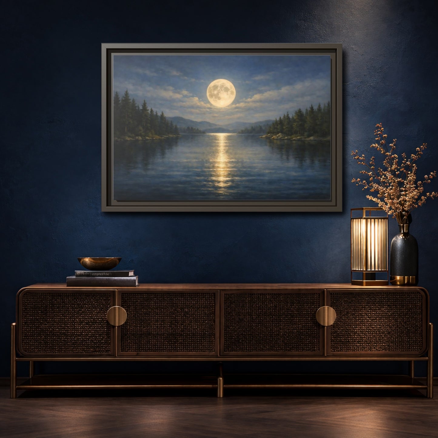 Mockup 4. Nature Moonlit Lake Blue And Gold shown as stretched canvas wall art